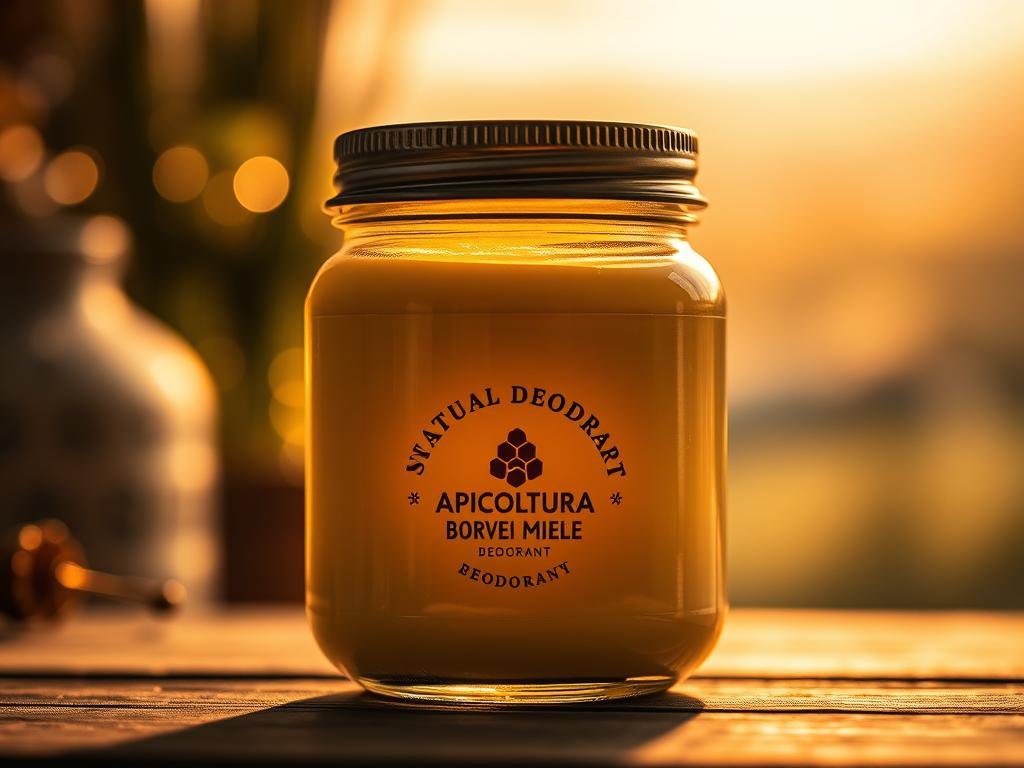 A glass jar filled with a creamy, natural deodorant, its surface adorned with a honeycomb pattern and the logo "APICOLTURA BORVEI MIELE". The jar is illuminated by warm, golden lighting, casting a soft glow on the product. In the background, a blurred, cozy Italian countryside scene unfolds, hinting at the deodorant's natural, artisanal origins. The composition emphasizes the jar's texture, the rich color of the deodorant, and the integration of the bee-inspired design, creating a visually appealing and informative representation of a natural deodorant made with beeswax.
