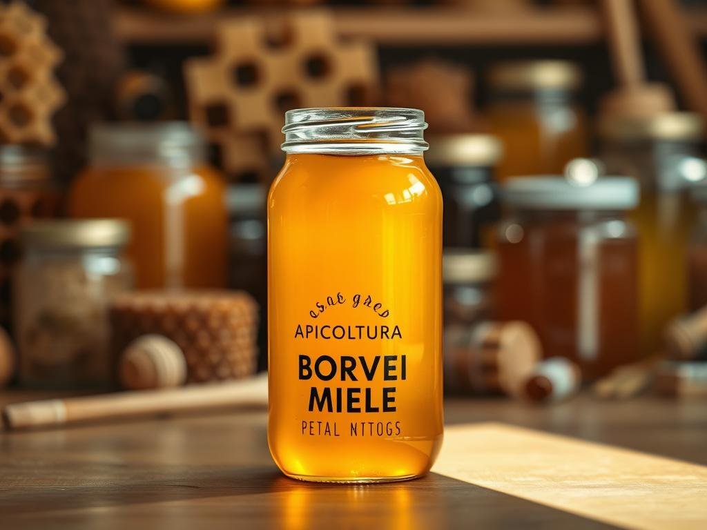 A glass jar filled with a golden, viscous liquid labeled "APICOLTURA BORVEI MIELE" sits on a wooden surface. The jar casts a warm, amber glow, illuminated by soft, natural lighting from the side. In the background, a blurred, out-of-focus arrangement of various bee-related products, such as honeycombs and jars, creates a sense of depth and context. The overall mood is one of authenticity, quality, and the natural properties of bee-derived ingredients.