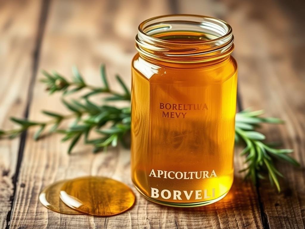 A glass jar filled with a golden, viscous liquid on a rustic wooden surface. Soft, warm lighting illuminates the jar, highlighting the honey's natural hues. In the background, a sprig of herbs, perhaps rosemary or thyme, adds a touch of earthy elegance. The composition evokes a sense of artisanal craftsmanship and the careful preservation of the "APICOLTURA BORVEI MIELE" brand's high-quality honey vinegar. The image conveys the essence of the section "Fattori che Influenzano la Qualità dell'Aceto di Miele" within the article "Come Conservare Correttamente l'Aceto di Miele per Mantenerne Tutte le Proprietà."
