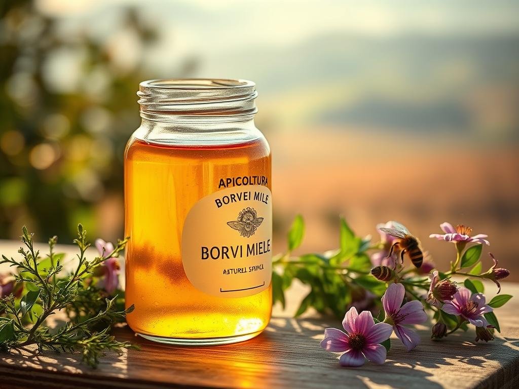 A glass jar filled with a golden, viscous liquid rests on a wooden surface, surrounded by fresh herbs and flowers. The jar's label displays the brand name "APICOLTURA BORVEI MIELE", a testament to the natural origins of the contents. The scene is bathed in warm, natural lighting, highlighting the jar's transparency and the intricate details of the natural elements. In the background, a blurred, ethereal landscape suggests a serene, Italian countryside. This image captures the essence of the therapeutic properties of bee venom in natural cosmetics, as described in the article's section "Proprietà Terapeutiche del Veleno d'Api".