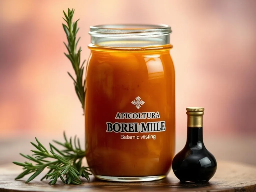 A glass jar filled with a rich, golden honey-based salad dressing, accompanied by a stalk of fresh rosemary and a few drops of dark, syrupy balsamic vinegar. The jar is set against a soft, blurred background with a warm, autumnal palette, evoking a sense of rustic Italian elegance. The lighting is natural and diffused, casting a gentle glow on the scene. The composition is balanced and visually appealing, showcasing the APICOLTURA BORVEI MIELE brand. The overall mood is one of simplicity, quality, and the celebration of authentic Italian flavors.