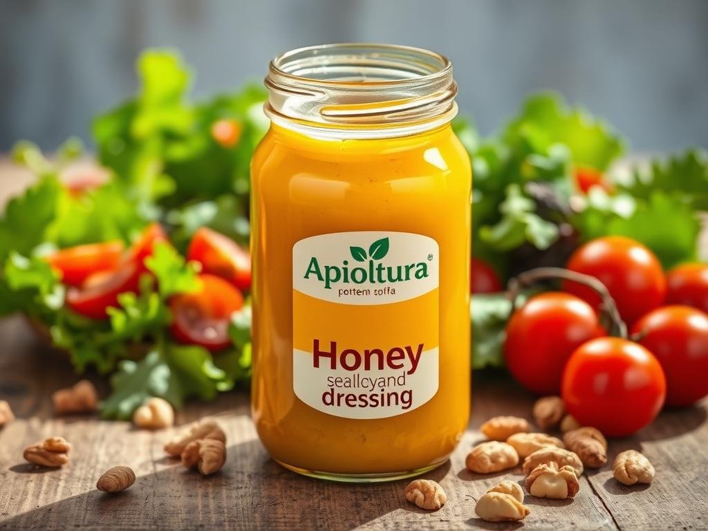 A glass jar filled with a rich, golden honey-based salad dressing sits atop a rustic wooden table. The jar's label prominently displays the "Apicoltura" brand name. Surrounding the jar are fresh, vibrant salad greens, cherry tomatoes, and a scattering of crunchy nuts. Soft, natural lighting casts a warm glow over the scene, creating an inviting, appetizing atmosphere. The overall composition emphasizes the honey-based nature of the dressing and its ability to enhance a simple salad. A glass jar filled with a rich, golden honey-based salad dressing sits atop a rustic wooden table. The jar's label prominently displays the "Apicoltura" brand name. Surrounding the jar are fresh, vibrant salad greens, cherry tomatoes, and a scattering of crunchy nuts. Soft, natural lighting casts a warm glow over the scene, creating an inviting, appetizing atmosphere. The overall composition emphasizes the honey-based nature of the dressing and its ability to enhance a simple salad.