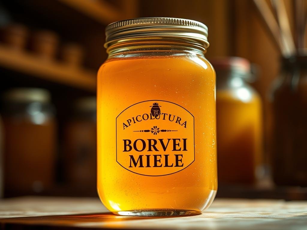 A glass jar filled with a rich, golden liquid, the label displaying the brand "APICOLTURA BORVEI MIELE". The jar is set against a warm, rustic background, with hints of wooden shelves and jars in the distance, evoking a traditional Italian apiary. Soft, diffused lighting casts a gentle glow, highlighting the viscous texture and vibrant hue of the "aceto di miele" (honey vinegar) within. The overall composition conveys a sense of artisanal craftsmanship, natural goodness, and the unique character of this specialty Italian vinegar.