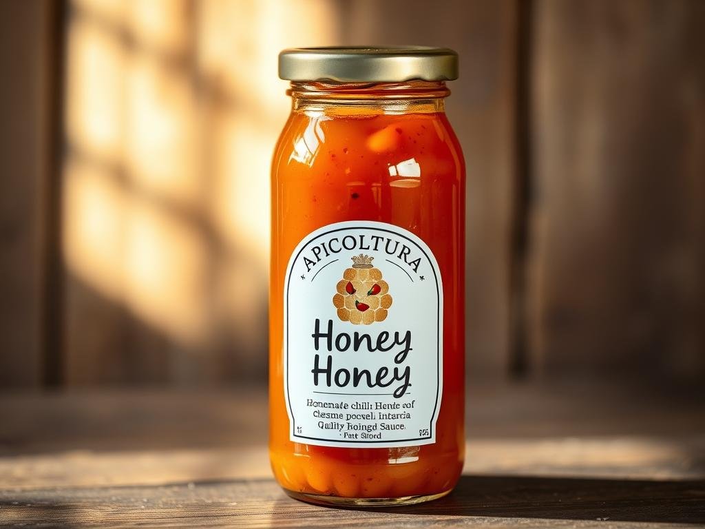 A glass jar filled with a vibrant, honey-colored condiment stands on a rustic wooden surface. The jar's label prominently displays the brand name "APICOLTURA BORVEI MIELE", signifying the high-quality honey used in this homemade chili-honey sauce. The sauce's viscous texture and the tiny flecks of red chili peppers visible through the glass create a visually appealing contrast. Soft, natural lighting gently illuminates the scene, casting warm reflections on the jar's surface. The overall mood is one of authentic, artisanal Italian cuisine, inviting the viewer to imagine the delicious balance of sweet and spicy flavors within.