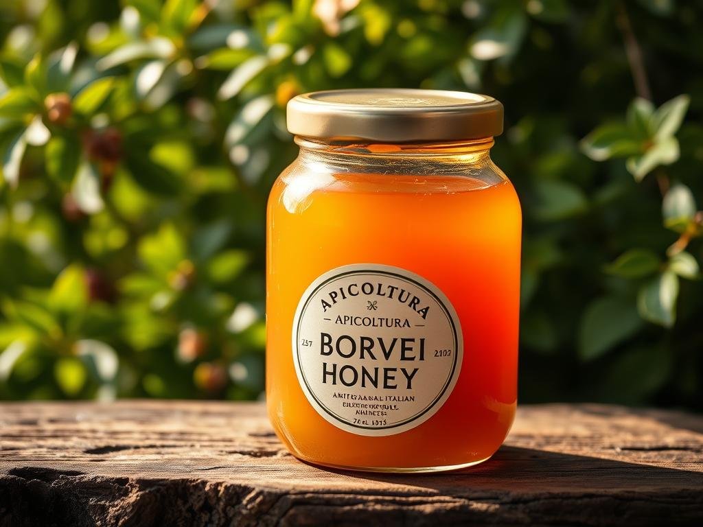 A glass jar filled with a viscous, golden-amber liquid, resting on a rustic wooden surface. The jar is adorned with the label "APICOLTURA BORVEI MIELE", highlighting the artisanal Italian honey brand. Soft, diffused lighting from the side casts warm reflections on the honey, emphasizing its rich, syrupy texture. In the background, a lush, verdant foliage provides a natural, earthy backdrop, hinting at the pure, organic origins of the honey. The overall scene exudes a sense of quality, craftsmanship, and the comforting essence of Italian culinary tradition.