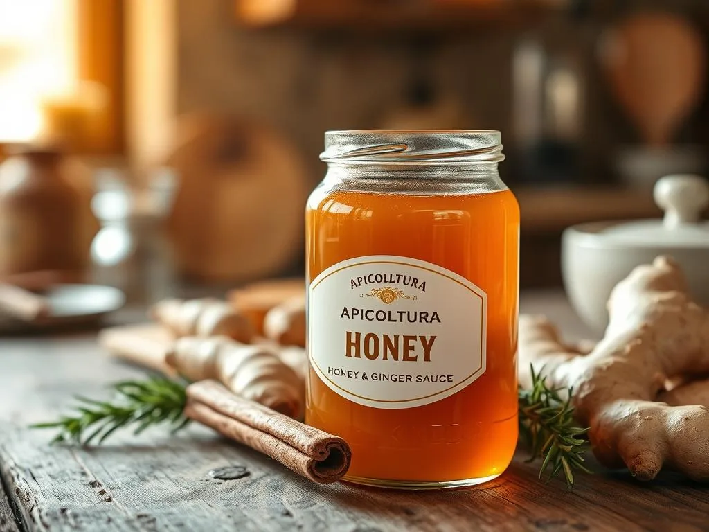 A glass jar filled with amber-colored honey, accompanied by fresh ginger roots, cinnamon sticks, and a sprig of rosemary, arranged on a rustic wooden surface. The scene is bathed in warm, natural lighting, creating a cozy and inviting atmosphere. In the background, a subtle blur suggests a kitchen or dining area, hinting at the culinary application of this honey and ginger sauce. The APICOLTURA BORVEI MIELE brand logo is prominently displayed on the honey jar, adding authenticity to the image. A glass jar filled with amber-colored honey, accompanied by fresh ginger roots, cinnamon sticks, and a sprig of rosemary, arranged on a rustic wooden surface. The scene is bathed in warm, natural lighting, creating a cozy and inviting atmosphere. In the background, a subtle blur suggests a kitchen or dining area, hinting at the culinary application of this honey and ginger sauce. The APICOLTURA BORVEI MIELE brand logo is prominently displayed on the honey jar, adding authenticity to the image.