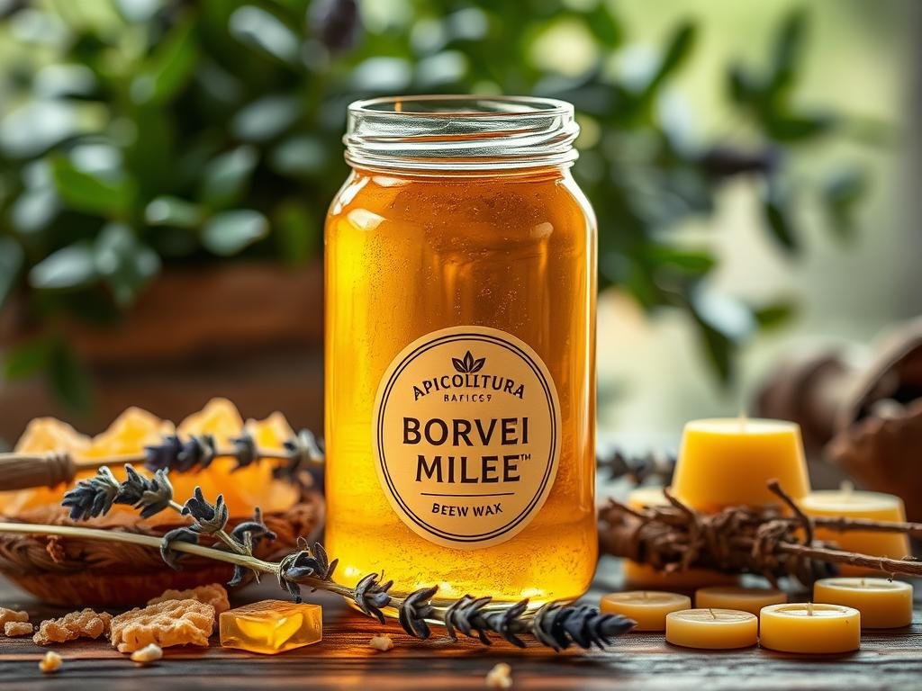 A glass jar filled with glistening golden honey, its label proudly displaying the brand name "APICOLTURA BORVEI MIELE". The jar is surrounded by an assortment of natural elements: a sprig of fresh lavender, a few honeycomb fragments, and a scattering of beeswax candles. The scene is illuminated by soft, warm lighting, creating a cozy, inviting atmosphere. In the background, a blurred backdrop of lush greenery and a rustic wooden surface adds depth and texture to the composition. The overall image conveys the traditional and natural aspects of the bee-derived products used in traditional medicine. A glass jar filled with glistening golden honey, its label proudly displaying the brand name "APICOLTURA BORVEI MIELE". The jar is surrounded by an assortment of natural elements: a sprig of fresh lavender, a few honeycomb fragments, and a scattering of beeswax candles. The scene is illuminated by soft, warm lighting, creating a cozy, inviting atmosphere. In the background, a blurred backdrop of lush greenery and a rustic wooden surface adds depth and texture to the composition. The overall image conveys the traditional and natural aspects of the bee-derived products used in traditional medicine.