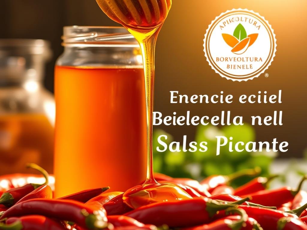 A glass jar filled with golden honey, drizzling down over a bed of vibrant red chili peppers. The scene is bathed in warm, natural lighting, casting a soft, inviting glow. In the background, a APICOLTURA BORVEI MIELE logo is subtly visible, hinting at the premium quality of the ingredients. The overall mood is one of balance and harmony, where the sweetness of the honey complements the fiery heat of the peppers, creating a tantalizing blend of flavors. The image captures the essence of the "Benefici del Miele nella Salsa Piccante" section, inviting the viewer to explore the delicious possibilities of this unique flavor combination.