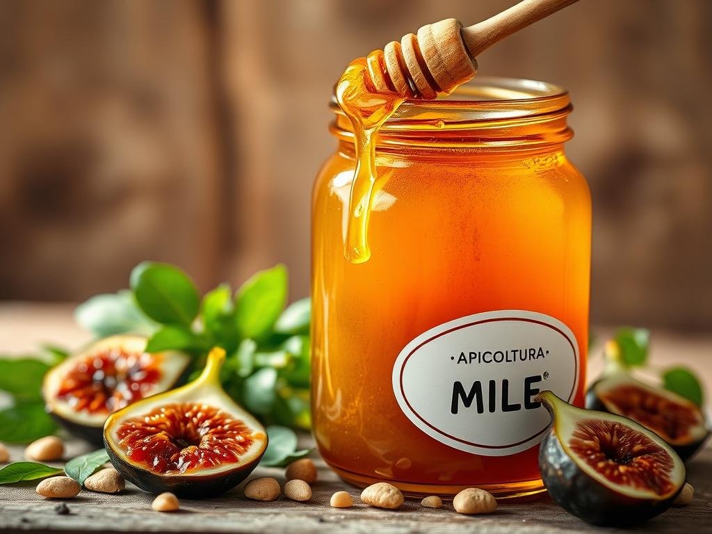 A glass jar filled with golden honey, glistening and dripping with a sweet, thick texture. Surrounding the jar, a delicate arrangement of fresh green leaves, sliced balsamic-glazed figs, and a sprinkle of toasted pine nuts. The lighting is soft and natural, casting a warm, inviting glow over the scene. In the background, a blurred, rustic wooden surface provides a simple, earthy backdrop, allowing the honey and its accompaniments to take center stage. The overall composition conveys a sense of artisanal craftsmanship and the rich flavors of Italian cuisine. The label on the jar reads "APICOLTURA BORVEI MIELE", highlighting the high-quality, local provenance of the honey. A glass jar filled with golden honey, glistening and dripping with a sweet, thick texture. Surrounding the jar, a delicate arrangement of fresh green leaves, sliced balsamic-glazed figs, and a sprinkle of toasted pine nuts. The lighting is soft and natural, casting a warm, inviting glow over the scene. In the background, a blurred, rustic wooden surface provides a simple, earthy backdrop, allowing the honey and its accompaniments to take center stage. The overall composition conveys a sense of artisanal craftsmanship and the rich flavors of Italian cuisine. The label on the jar reads "APICOLTURA BORVEI MIELE", highlighting the high-quality, local provenance of the honey.