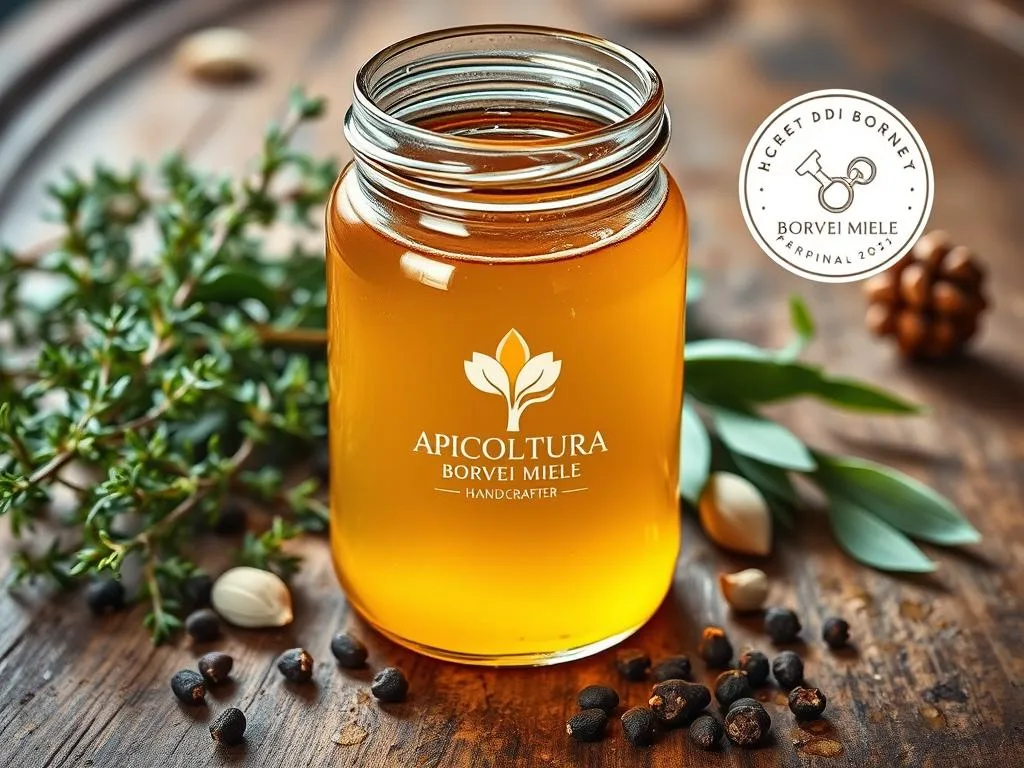 A glass jar filled with golden honey-hued vinegar, resting on a rustic wooden table. Surrounding the jar are sprigs of fresh thyme, dried bay leaves, and a sprinkling of peppercorns, creating an aromatic and authentic still life. The image is bathed in soft, natural lighting, capturing the warmth and tradition of handcrafted "aceto di miele" or honey vinegar. The APICOLTURA BORVEI MIELE logo is displayed prominently, showcasing the quality and provenance of this artisanal product.
