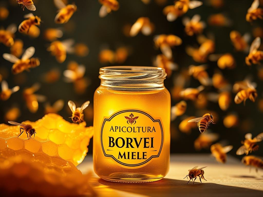 A glass jar filled with golden honey, illuminated by soft, warm lighting. The jar's label proudly displays the brand name "APICOLTURA BORVEI MIELE". Surrounding the jar are delicate, translucent honeycomb structures, their intricate patterns casting gentle shadows. In the background, a swarm of buzzing honey bees hover gracefully, their wings catching the light. The overall scene conveys the natural, therapeutic properties of bee venom, evoking a sense of tranquility and the restorative power of this ancient remedy.