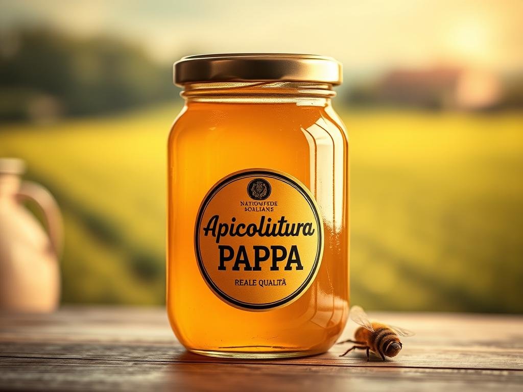 A glass jar filled with golden honey, the label reading "Apicoltura Pappa Reale Qualità". The jar is placed on a wooden surface, with a soft, warm lighting illuminating the scene. In the background, a blurred, cozy Italian countryside landscape is visible, hinting at the natural origins of this precious superfood. The overall composition conveys a sense of artisanal craftsmanship, quality, and the traditional Italian heritage associated with this product.