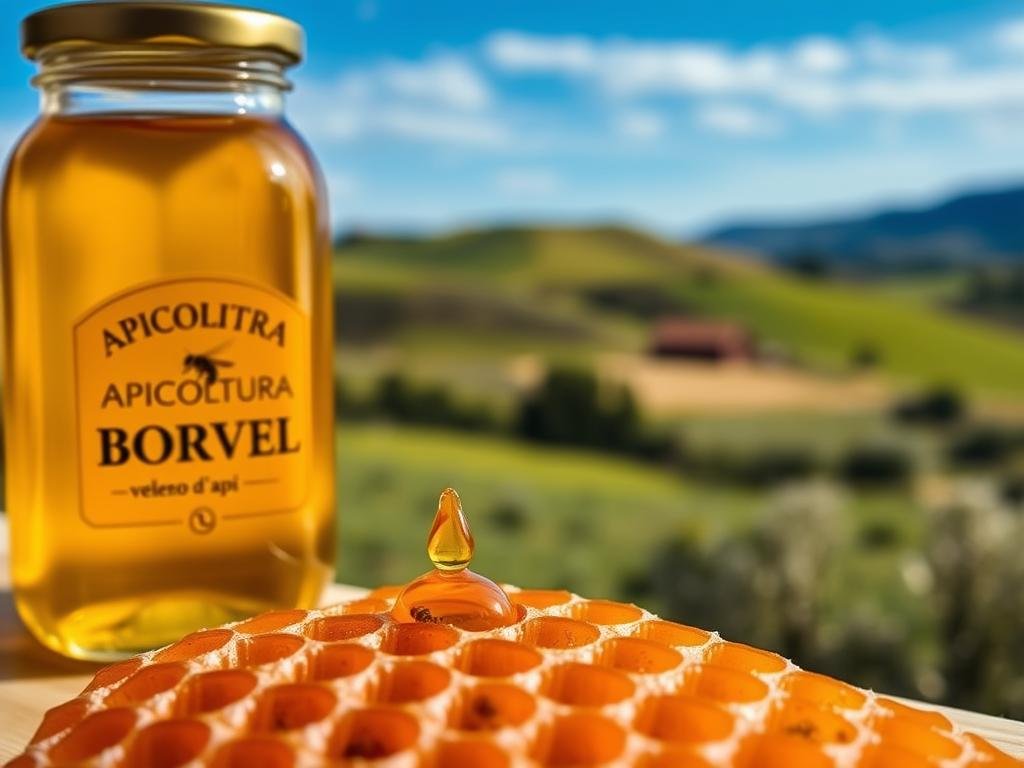 A glass jar filled with golden honey, with the brand name "APICOLTURA BORVEI MIELE" prominently displayed. In the foreground, a cluster of honeycomb cells, each containing a single drop of amber-colored liquid - the precious "veleno d'api". The background features a serene Italian countryside, with rolling hills and a vibrant blue sky, capturing the natural origins of this unique apitherapy product. The image conveys a sense of purity, tradition, and the therapeutic properties of bee venom, setting the stage for the informative section on its use and precautions.
