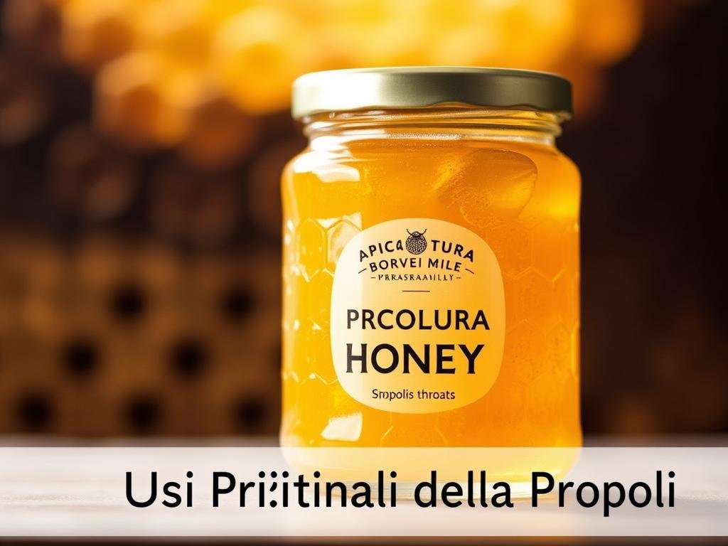 A glass jar filled with golden propolis honey, its viscous texture glistening under warm, diffused lighting. The jar is adorned with the brand name "APICOLTURA BORVEI MIELE", highlighting its artisanal origins. In the background, a blurred honeycomb pattern creates a natural, organic atmosphere, complementing the soothing, earthy hues of the propolis. The image conveys the medicinal properties of this natural remedy, with a focus on its potential to soothe sore throats, as suggested by the section title "Usi Principali della Propoli".