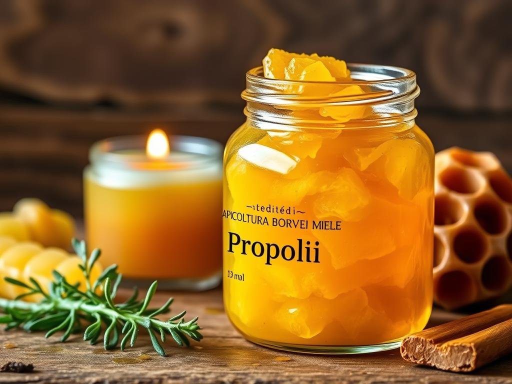 A glass jar filled with golden propolis, its viscous texture illuminated by soft, warm lighting. Surrounded by a sprig of fresh herb, a raw beeswax candle, and a honeycomb. In the background, a rustic wooden surface and earthy tones evoke a cozy, artisanal atmosphere. The label "APICOLTURA BORVEI MIELE" is prominently displayed, conveying the authentic, local provenance of this natural product. This image captures the essence of propolis and its versatile uses, reflecting the title "Come Utilizzare la Propoli" in a visually appealing and informative manner.
