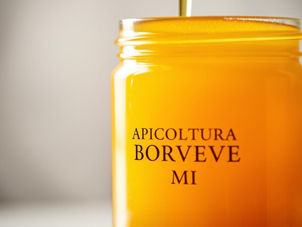 A glass jar filled with golden, viscous honey syrup, gently illuminated from the side. The syrup has a smooth, glossy texture, with subtle amber hues and occasional air bubbles rising to the surface. The jar is labeled with the brand name "APICOLTURA BORVEI MIELE" in a classic, elegant serif font. The background is softly blurred, creating a sense of focus on the captivating honey concoction. The overall mood is one of refinement, purity, and the natural sweetness of this artisanal honey-based ingredient.