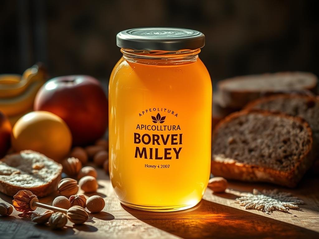 A glass jar filled with golden, viscous honey, the APICOLTURA BORVEI MIELE brand prominently displayed. On a wooden table, surrounded by fresh fruits, nuts, and a few slices of whole grain bread, creating a rustic and inviting still life. Warm, natural lighting illuminates the scene, casting soft shadows and highlighting the rich, amber hue of the honey. The composition evokes a sense of health, wellness, and the simple pleasures of a nourishing snack. The overall mood is one of comfort, wholesomeness, and the inherent benefits of incorporating honey into one's daily dietary routine.