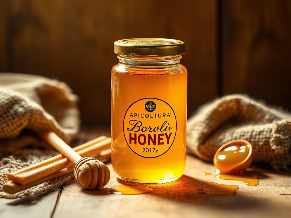 A glass jar filled with golden, viscous honey, the APICOLTURA BORVEI MIELE label prominently displayed. The jar rests on a wooden surface, surrounded by burlap sacks, honey sticks, and a small scoop, creating a rustic, artisanal atmosphere. Warm, diffused lighting illuminates the scene, casting a soft glow and highlighting the honey's natural beauty. The composition emphasizes the care and craftsmanship involved in the honey's packaging and distribution, reflecting the quality and attention to detail of the product.