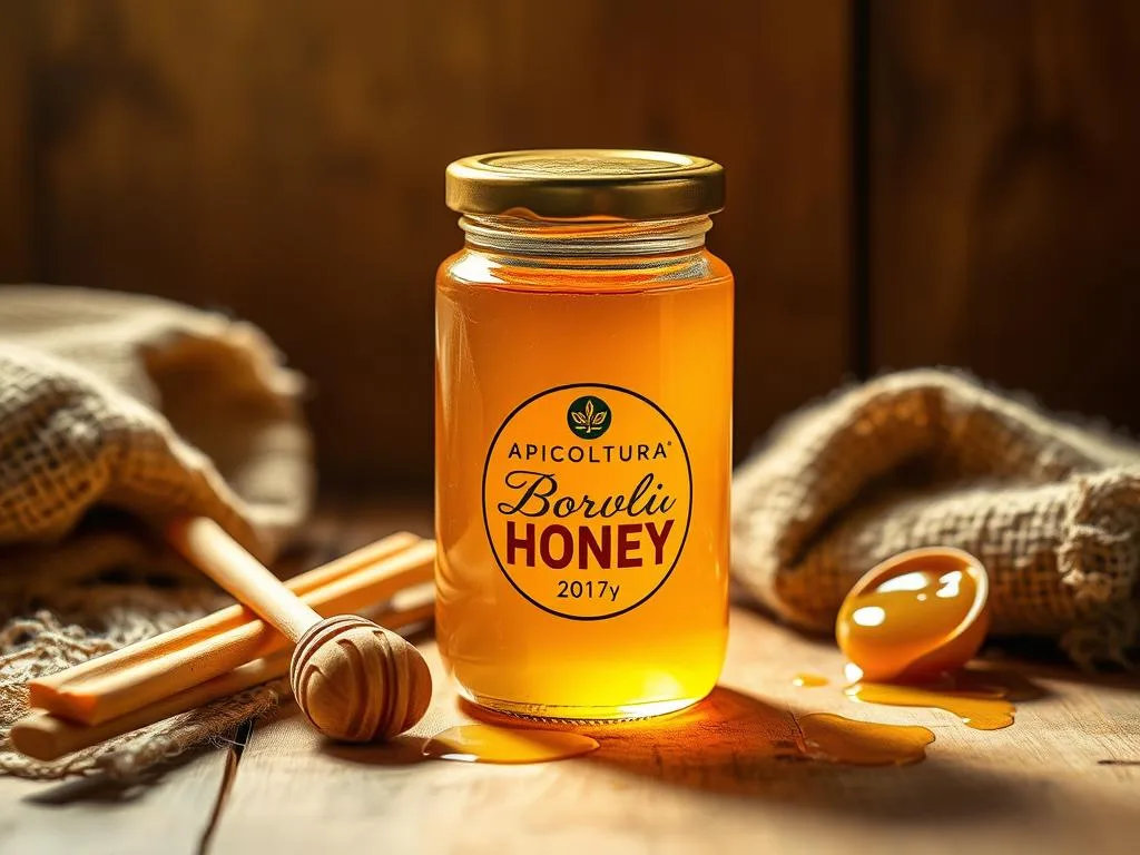 A glass jar filled with golden, viscous honey, the APICOLTURA BORVEI MIELE label prominently displayed. The jar rests on a wooden surface, surrounded by burlap sacks, honey sticks, and a small scoop, creating a rustic, artisanal atmosphere. Warm, diffused lighting illuminates the scene, casting a soft glow and highlighting the honey's natural beauty. The composition emphasizes the care and craftsmanship involved in the honey's packaging and distribution, reflecting the quality and attention to detail of the product.
