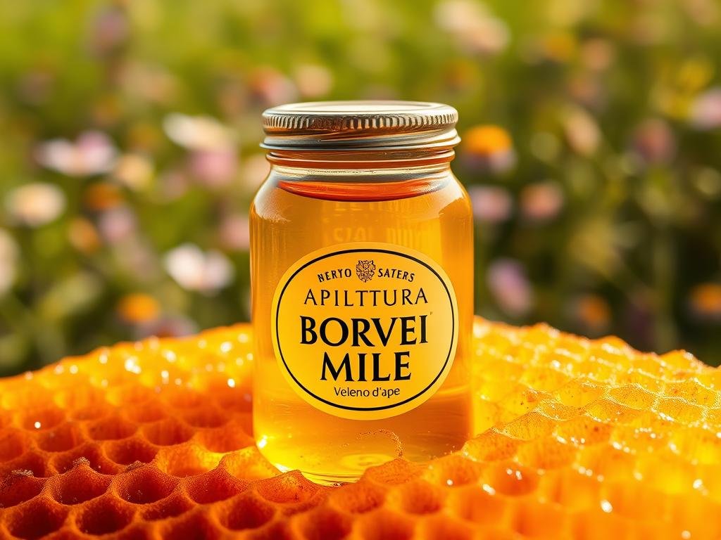 A glass jar filled with golden, viscous liquid, the label emblazoned with "APICOLTURA BORVEI MIELE". The jar is surrounded by delicate, translucent honeycomb structures, each cell glistening with a droplet of the precious bee venom, "veleno d'ape". The image is bathed in a warm, natural light, casting soft shadows and highlighting the intricate patterns of the honeycomb. In the background, a blurred field of vibrant wildflowers sways gently, evoking the verdant Italian countryside. The overall composition conveys the therapeutic properties and natural origins of this centuries-old apicultural remedy.