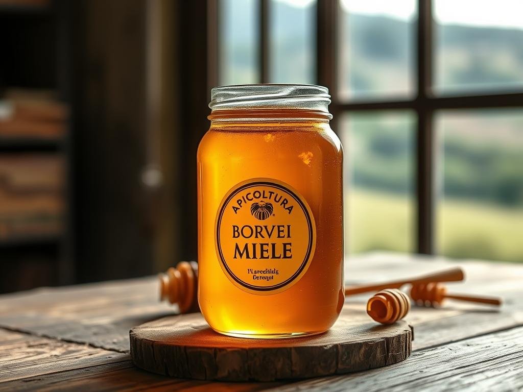 A glass jar filled with golden, viscous miele (honey) rests atop a rustic wooden table. The lighting is soft and warm, casting a gentle glow on the jar's label, which prominently displays the brand name "APICOLTURA BORVEI MIELE". In the background, a blurred Italian countryside landscape is visible through a large window, hinting at the artisanal origins of this locally-sourced honey. The overall composition exudes a sense of simplicity, quality, and the natural goodness associated with high-quality miele, perfectly suited to illustrate the "Errori Comuni da Evitare" section of the article.