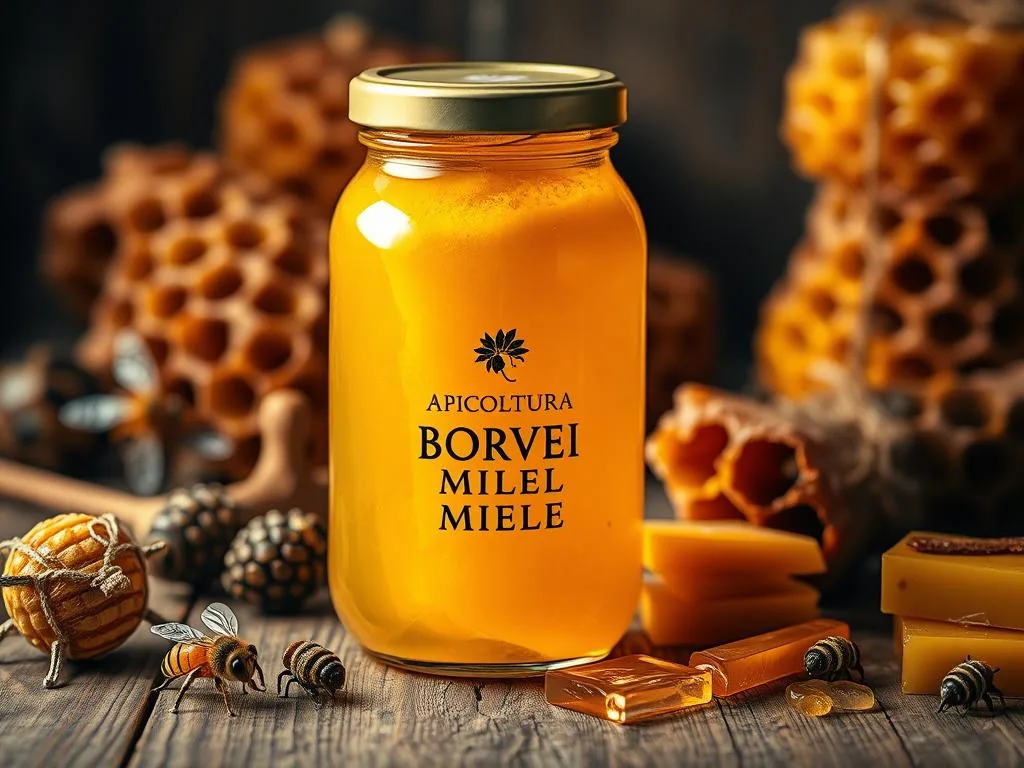 A glass jar filled with golden, viscous miele (honey) sitting on a wooden table. The jar features the "APICOLTURA BORVEI MIELE" brand name. Surrounding the jar, various honeycombs, beeswax, and bee figurines create a rustic, authentic atmosphere. Soft, warm lighting illuminates the scene, highlighting the rich color and texture of the miele. The overall composition evokes a sense of artisanal craftsmanship and the purity of this natural product. The image conveys the high-quality and traditional nature of authentic miele, in contrast to potential fraudulent offerings.