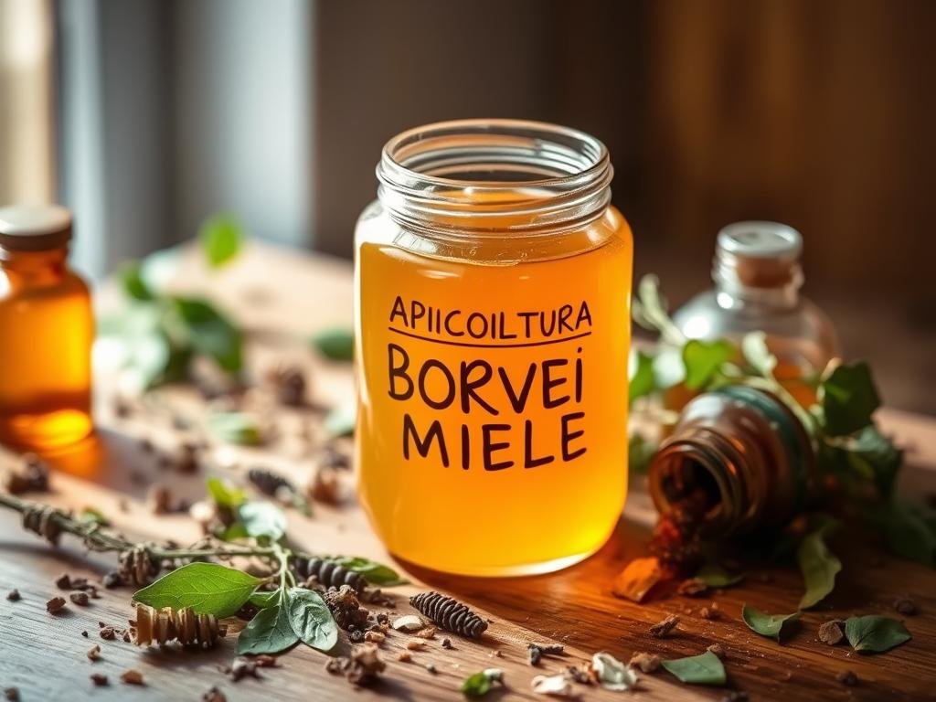 A glass jar filled with honey-colored liquid, labeled "APICOLTURA BORVEI MIELE", surrounded by scattered herbs, leaves, and a few small bottles, all resting on a wooden surface. The jar casts a warm glow, illuminated by soft, natural lighting coming from the side. The overall atmosphere suggests a sense of tranquility, with a focus on the potential benefits and possible side effects of consuming the honey-based mixture. A glass jar filled with honey-colored liquid, labeled "APICOLTURA BORVEI MIELE", surrounded by scattered herbs, leaves, and a few small bottles, all resting on a wooden surface. The jar casts a warm glow, illuminated by soft, natural lighting coming from the side. The overall atmosphere suggests a sense of tranquility, with a focus on the potential benefits and possible side effects of consuming the honey-based mixture.