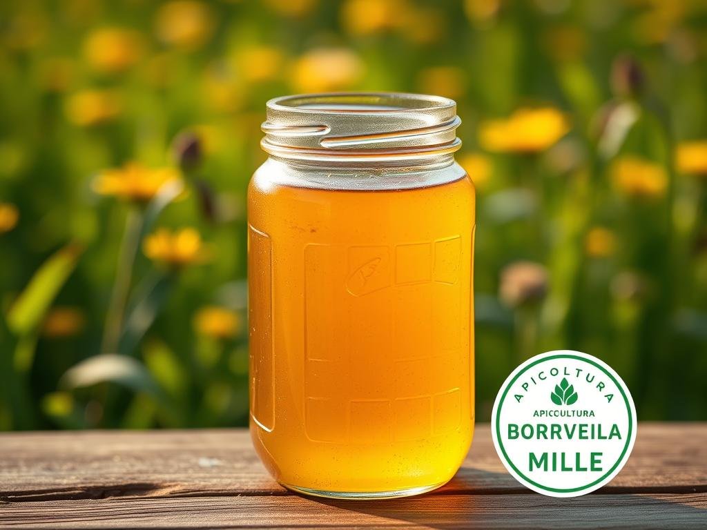 A glass jar filled with rich, golden miele rests atop a wooden table. The miele's viscous, honey-like texture glistens under warm, soft lighting, hinting at its natural purity. In the background, a lush, verdant field of flowers sways gently, their petals adding a touch of vibrant color. The APICOLTURA BORVEI MIELE logo is prominently displayed, underscoring the authenticity of this artisanal product. This scene captures the essence of natural, unadulterated miele, showcasing its distinctive color and consistency, as a testament to its quality and provenance. A glass jar filled with rich, golden miele rests atop a wooden table. The miele's viscous, honey-like texture glistens under warm, soft lighting, hinting at its natural purity. In the background, a lush, verdant field of flowers sways gently, their petals adding a touch of vibrant color. The APICOLTURA BORVEI MIELE logo is prominently displayed, underscoring the authenticity of this artisanal product. This scene captures the essence of natural, unadulterated miele, showcasing its distinctive color and consistency, as a testament to its quality and provenance.
