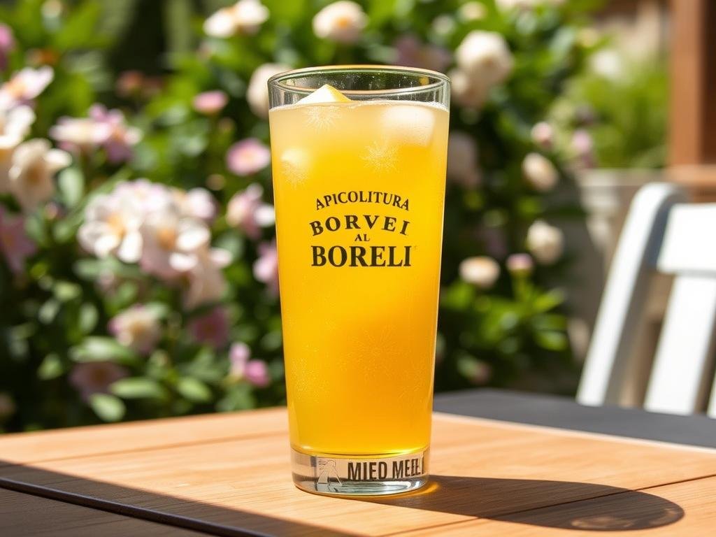 A glass of golden-hued Limonata al Miele, a refreshing honey-infused lemonade, stands on a wooden table. Sunlight filters through the glass, casting a warm glow on the beverage. In the background, a lush garden with blooming flowers adds a touch of tranquility. The APICOLTURA BORVEI MIELE brand name is prominently displayed on the glass, reflecting the high-quality honey used in the creation of this delightful drink. The overall scene evokes a sense of rustic elegance, perfectly complementing the "Bevande a Base di Miele per Accompagnare il Pasto" section of the article.
