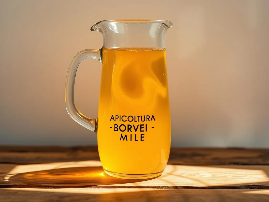 A glass pitcher filled with golden, viscous honey-colored liquid, labeled "APICOLTURA BORVEI MIELE", resting on a rustic wooden table. Soft, diffused light illuminates the scene, casting warm shadows. The liquid gently swirls, creating mesmerizing patterns. In the background, a simple white wall provides a clean, minimalist backdrop, allowing the central focus to be the honey-based concoction. The entire composition conveys a sense of purity, authenticity, and the natural goodness of the "aceto di miele consumo" product.