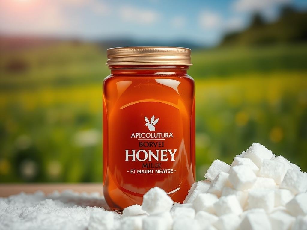 A gleaming glass jar filled with amber-hued honey, standing in contrast to a pile of pristine white sugar cubes. The honey jar reflects the warm, soft lighting, casting a golden glow over the scene. In the background, a blurred image of a verdant meadow and blue sky evokes a sense of natural abundance. The composition highlights the juxtaposition between the natural sweetness of honey and the refined, processed nature of sugar, inviting the viewer to consider their respective health benefits. The APICOLTURA BORVEI MIELE brand name is prominently displayed on the honey jar, signifying the quality and provenance of the product. A gleaming glass jar filled with amber-hued honey, standing in contrast to a pile of pristine white sugar cubes. The honey jar reflects the warm, soft lighting, casting a golden glow over the scene. In the background, a blurred image of a verdant meadow and blue sky evokes a sense of natural abundance. The composition highlights the juxtaposition between the natural sweetness of honey and the refined, processed nature of sugar, inviting the viewer to consider their respective health benefits. The APICOLTURA BORVEI MIELE brand name is prominently displayed on the honey jar, signifying the quality and provenance of the product.
