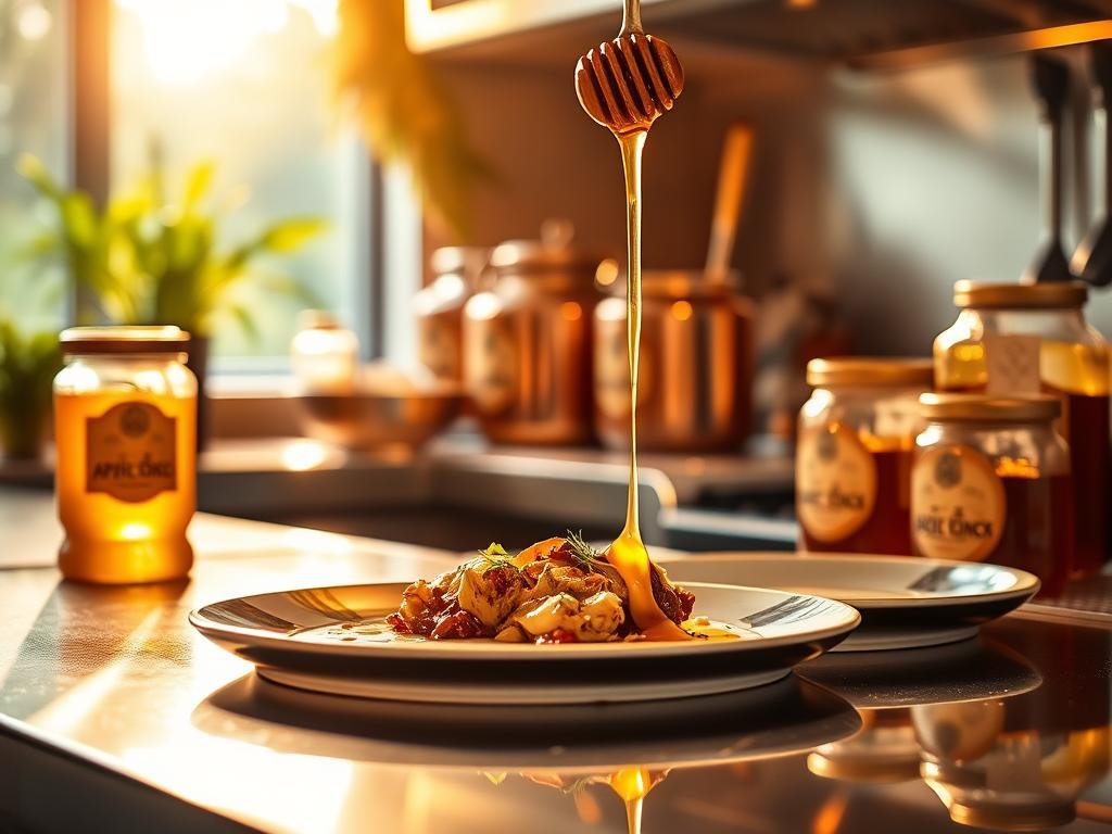 A gleaming stainless steel kitchen, bathed in warm, golden light. On the countertop, a drizzle of APICOLTURA BORVEI MIELE cascades over a gourmet dish, its savory aroma permeating the air. Jars of honey, artfully arranged, reflect the luminous scene. In the background, a hint of lush greenery and copper pots, evoking the essence of Italian culinary mastery. The image conveys the power of honey to elevate even the most sophisticated gourmet fare, a true embodiment of the title "Il Potere del Miele nella Cucina Gourmet".