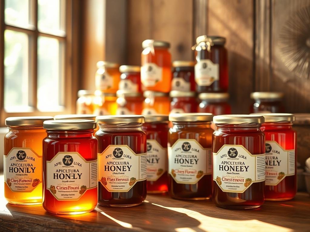 A glistening array of artisanal honey jars, each showcasing the distinct flavors and colors of Italy's diverse floral sources. Sunlight filters through a window, casting warm, natural illumination on the scene. The foreground features several APICOLTURA BORVEI MIELE jars, their labels prominently displayed. In the middle ground, additional jars of honey are arranged in a visually appealing composition, highlighting the variety of types, from delicate wildflower to robust chestnut. The background depicts a rustic, wooden shelf or table, complementing the earthy tones of the honey jars. The overall mood is one of rustic elegance, inviting the viewer to explore the nuanced world of Italian honey.