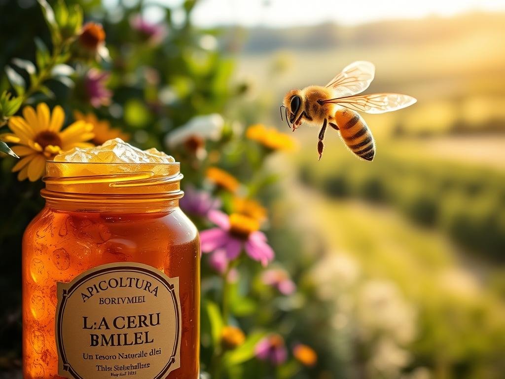 A golden honeycomb glistening under warm, natural lighting, surrounded by lush greenery and vibrant wildflowers. In the foreground, a jar of rich, amber-hued honey with the label "APICOLTURA BORVEI MIELE" prominently displayed. The middle ground features a graceful, bejeweled honey bee in flight, its delicate wings catching the light. In the background, a blurred, idyllic Italian countryside scene, evoking a sense of tranquility and the abundance of nature. The overall composition captures the essence of the "La Cera d'Api: Un Tesoro Naturale delle Api" section, showcasing the beauty and importance of bees and their precious products.