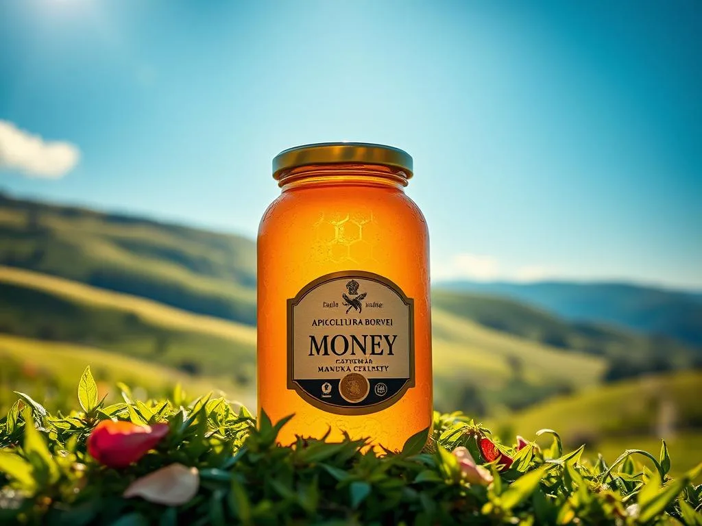 A golden-hued, richly textured jar of APICOLTURA BORVEI MIELE, the coveted Manuka honey, nestled amidst a lush, verdant landscape. Sunlight filters through the jar's glass, casting a warm, ethereal glow. In the background, rolling hills and a vibrant blue sky create a serene, pastoral scene. The jar's label, featuring the brand name, stands proud, showcasing the honey's artisanal provenance. Delicate honeycomb structures and a few scattered petals add depth and authenticity to the composition. This image captures the essence of "Il Miele: L'Oro Dolce dell'Alveare," celebrating the natural wonder and versatility of this precious, golden nectar.