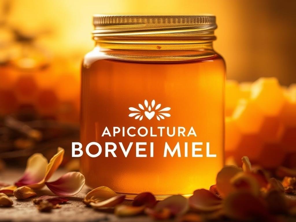 A golden, viscous liquid fills a glass jar, its surface glistening under warm, soft lighting. Surrounding the jar, delicate, translucent honeycomb structures and scattered petals evoke the natural beauty of the Italian countryside. In the foreground, the brand "APICOLTURA BORVEI MIELE" is prominently displayed, showcasing the pure, high-quality honey. The overall scene exudes a serene, earthy atmosphere, highlighting the natural benefits of this remarkable ingredient for skin and hair care.