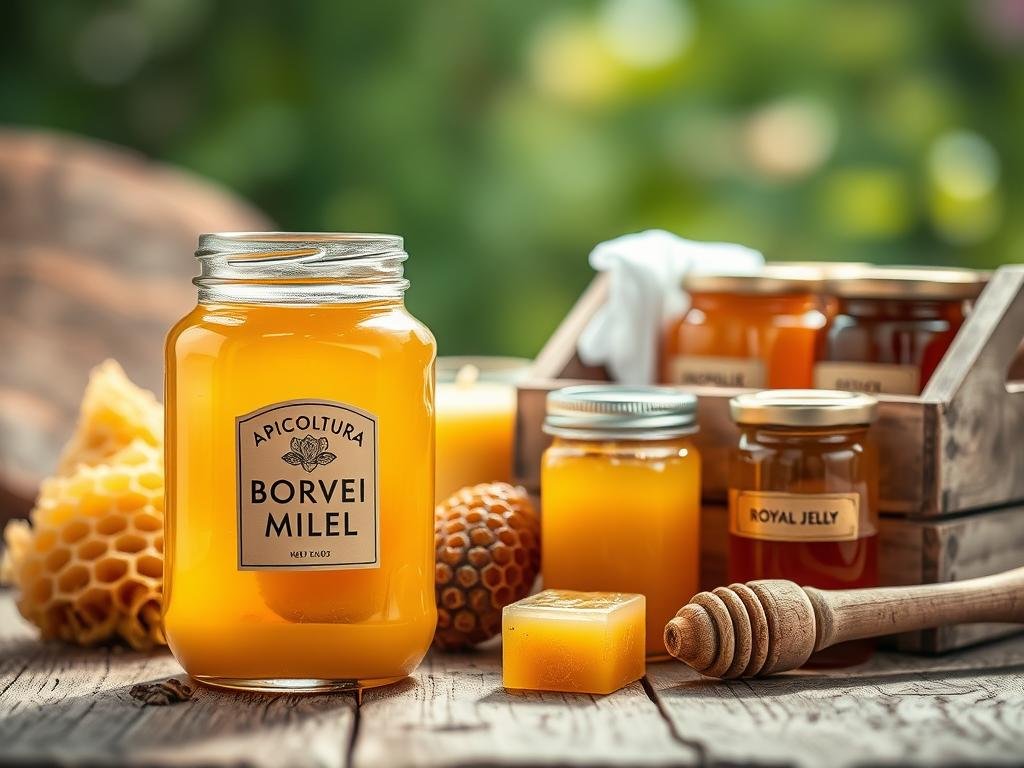 A harmonious still life showcasing the diverse products of the beehive. In the foreground, a glass jar filled with rich, golden APICOLTURA BORVEI MIELE, its label prominently displayed. Surrounding it, an array of artisanal wares: a beeswax candle, a honeycomb, and a wooden crate housing jars of propolis and royal jelly. Soft, natural lighting illuminates the scene, evoking the warmth and serenity of a well-tended apiary. In the background, a rustic wooden surface and a blurred verdant backdrop, hinting at the lush meadows and wildflowers that nourish the hardworking bees. The composition radiates a sense of care and preservation, capturing the essence of properly storing and presenting the precious gifts of the hive.