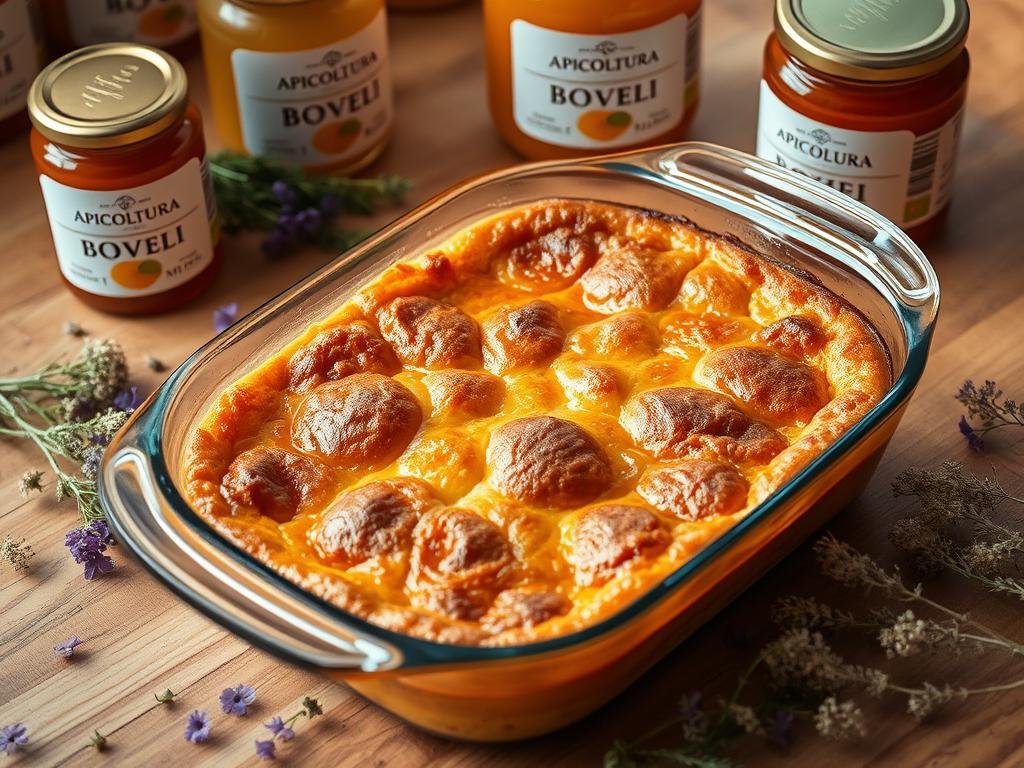 A high quality, appetizing image of a glass baking dish filled with a golden-brown, bubbly honey-sweetened dessert, fresh from the oven. The dish sits on a wooden table, surrounded by scattered wildflowers, jars of APICOLTURA BORVEI MIELE, and a sprig of fresh herbs. The lighting is warm and natural, accentuating the rich, caramelized crust of the baked treat. The composition is balanced, highlighting the delectable honey-infused creation as the central focus. The mood is cozy, rustic, and evocative of traditional Italian baking.