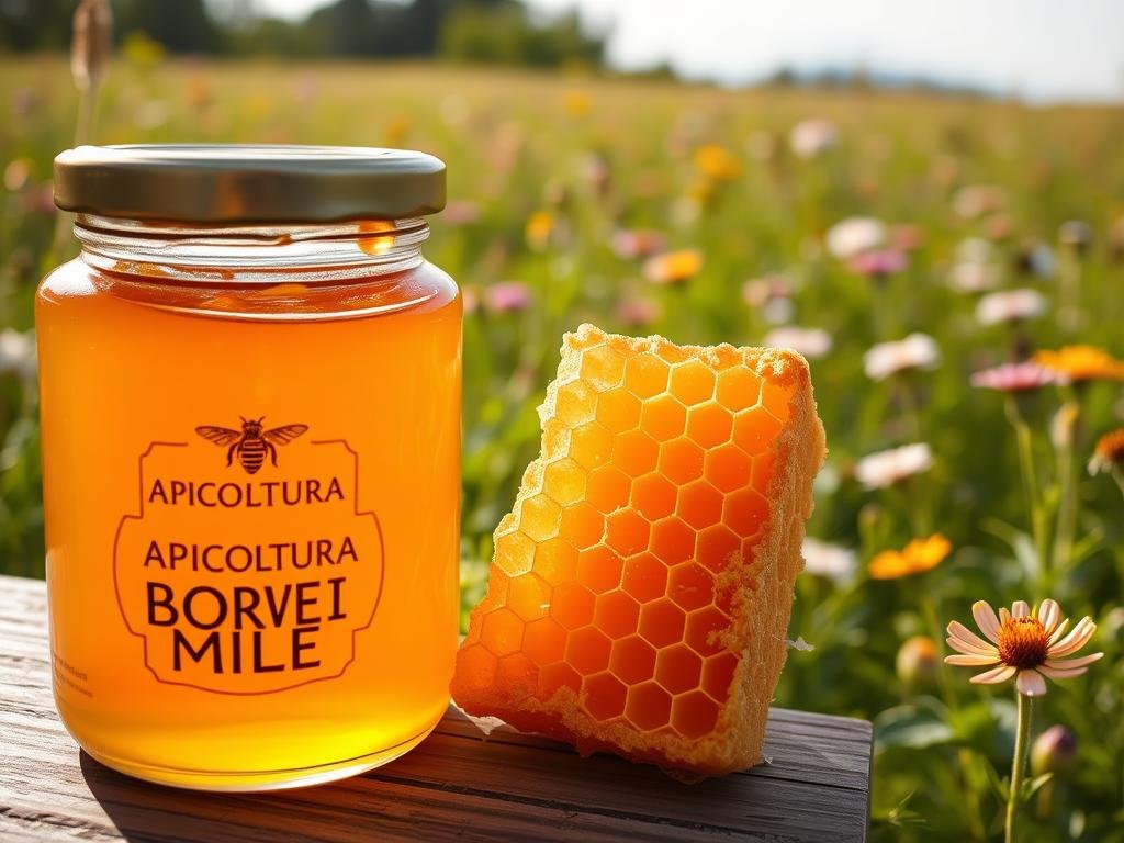 A high-quality, artisanal honey with a rich, golden hue, glistening under warm, natural lighting. In the foreground, a glass jar with the "APICOLTURA BORVEI MIELE" label, showcasing the honey's purity and authenticity. The middle ground features a honeycomb, its intricate hexagonal structure a testament to the bees' industrious craft. In the background, a lush, verdant field of wildflowers, evoking the Italian countryside where the bees forage. The overall scene conveys a sense of quality, tradition, and the harmony between nature and the expert beekeepers who produce this exceptional honey.