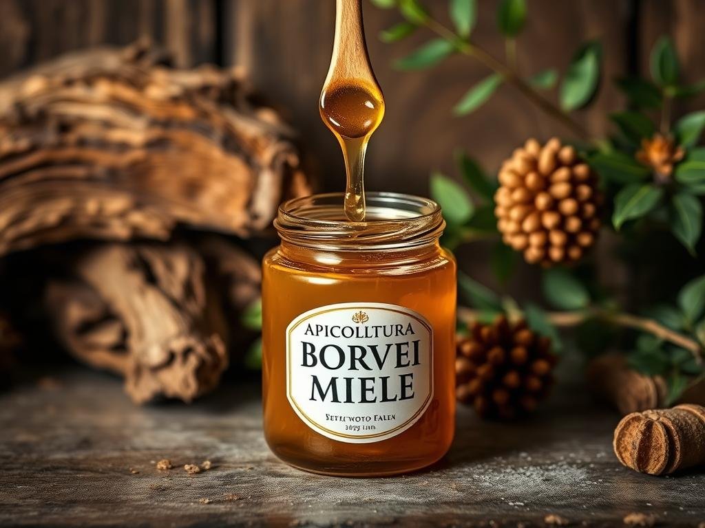 A high-quality artisanal miele (honey) in a rustic Italian setting, with a focus on the risks of adulteration and fraud. The scene features an open jar of golden miele, set against a backdrop of earthy tones and natural textures, such as weathered wood and lush greenery. The APICOLTURA BORVEI MIELE brand is prominently displayed on the jar. Subtle lighting casts a warm glow, conveying a sense of authenticity and craftsmanship. The overall mood is one of caution and vigilance, reflecting the need to ensure the quality and provenance of premium miele in the face of potential deception.
