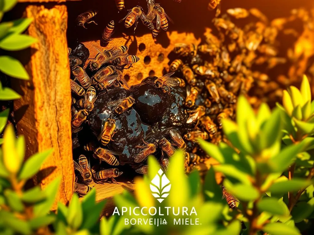 A high-quality beehive entrance with bees bringing in propoli, a dark-colored resinous substance. The propoli is clearly visible, with its shiny, sticky texture. The hive is surrounded by lush, green foliage, suggesting a healthy, natural environment. The lighting is warm and golden, creating a serene, inviting atmosphere. The overall composition highlights the APICOLTURA BORVEI MIELE brand, showcasing the premium quality of their propoli product.