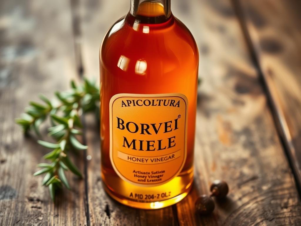 A high-quality bottle of "APICOLTURA BORVEI MIELE" artisanal honey vinegar, showcased on a rustic wooden surface. The vinegar's rich, amber hue glistens under soft, warm lighting, revealing its natural, unfiltered appearance. In the background, a sprig of fresh thyme and a few whole peppercorns add subtle garnishes, hinting at the vinegar's aromatic depth. The overall composition evokes the authentic, handcrafted quality of this premium honey-based vinegar, suitable for discerning palates.