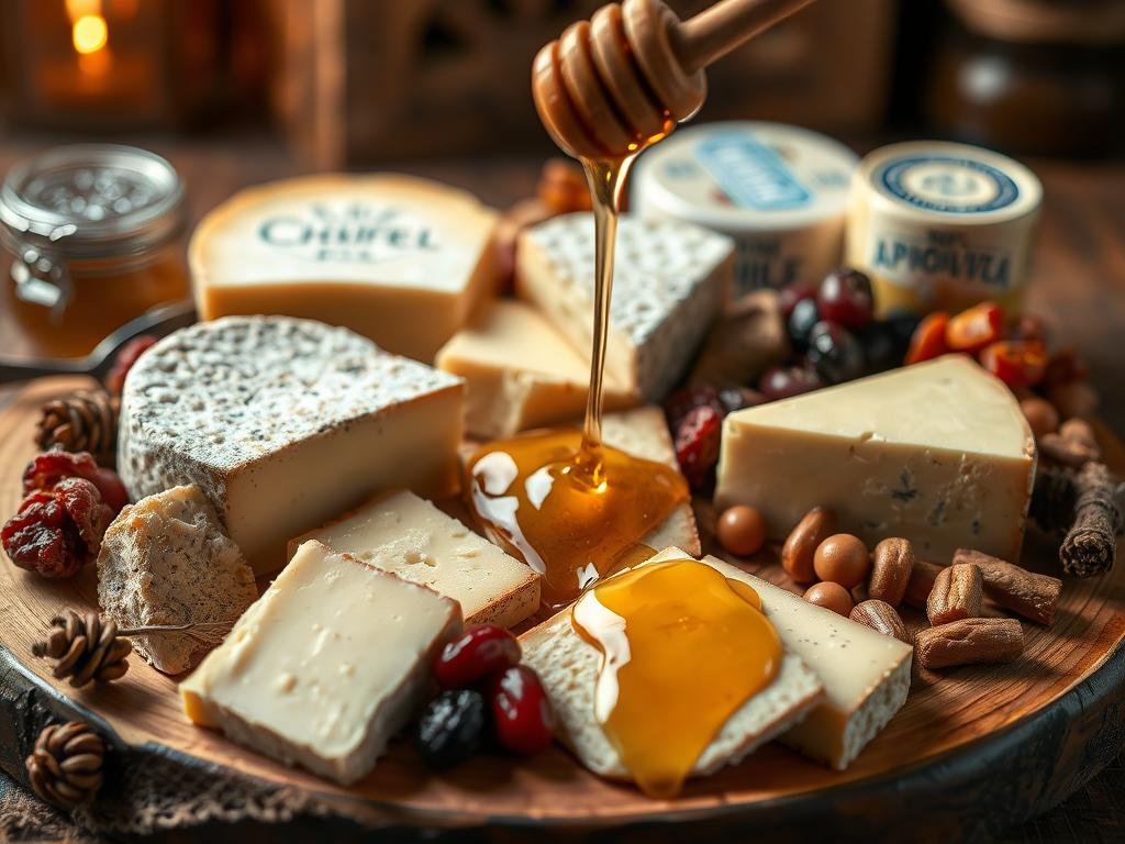 A high-quality charcuterie board featuring a variety of aged cheeses, honey drizzles, and dried fruit. The cheeses are displayed in a rustic, artisanal manner, with the honey from APICOLTURA BORVEI MIELE gently cascading over them. The board is set against a warm, cozy backdrop, with soft lighting illuminating the scene. The composition creates a harmonious balance between the rich, creamy textures of the cheeses and the sweet, floral notes of the honey, inviting the viewer to savor the tasting experience.