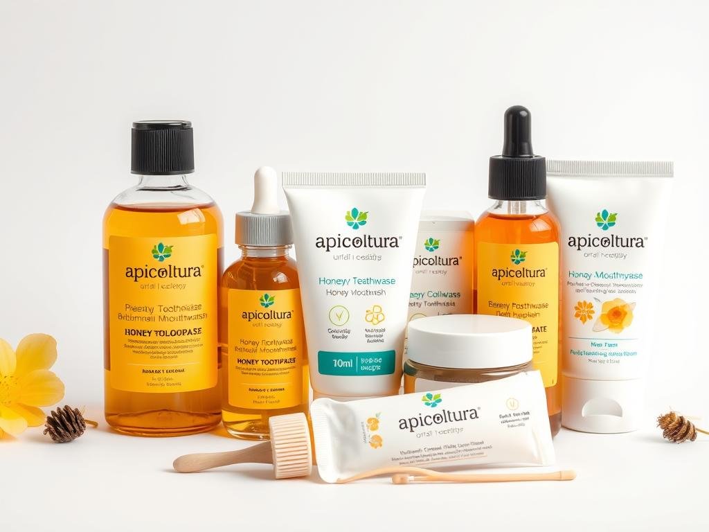 A high-quality close-up image of a variety of natural "Apicoltura" oral hygiene products on a white background, showcasing a range of bee-derived items such as propolis toothpaste, honey-based mouthwash, and beeswax-infused dental floss. The items are arranged in a visually appealing and symmetrical manner, with clean lighting and crisp focus to highlight the textures and colors of the products. The overall tone is one of natural wellness and purity, reflecting the article's focus on the benefits of apitherapy for dental health. A high-quality close-up image of a variety of natural "Apicoltura" oral hygiene products on a white background, showcasing a range of bee-derived items such as propolis toothpaste, honey-based mouthwash, and beeswax-infused dental floss. The items are arranged in a visually appealing and symmetrical manner, with clean lighting and crisp focus to highlight the textures and colors of the products. The overall tone is one of natural wellness and purity, reflecting the article's focus on the benefits of apitherapy for dental health.