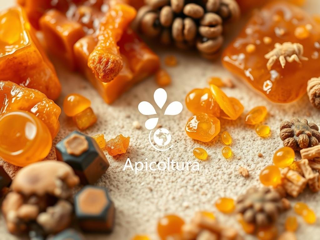 A high-quality, close-up image of a visually appealing "composizione propoli" showcasing the natural beauty and complexity of propolis. The composition should feature a variety of propolis samples in warm, earthy tones, arranged artistically on a neutral background. Capture the texture, color, and intricate patterns of the propolis samples in sharp focus, using soft, diffused lighting to create a serene, natural atmosphere. Include a sense of depth and perspective, with the propolis samples occupying the foreground, middle, and background layers. Convey the rich, organic nature of propolis through careful attention to detail. Brand the image with the "Apicoltura" logo, ensuring it is clearly visible but not distracting.