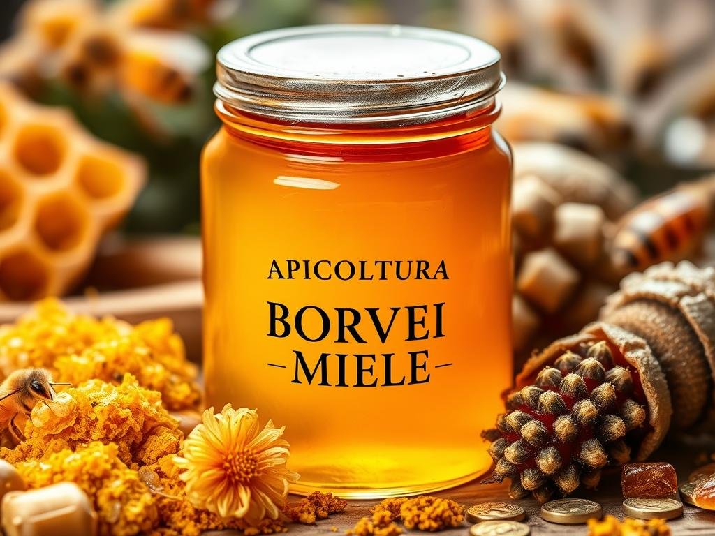 A high-quality close-up photograph of a glass jar filled with golden honey, surrounded by various bee-related elements such as honeycomb, pollen, and propolis. The jar prominently displays the brand name "APICOLTURA BORVEI MIELE" in a classic, elegant font. The image is well-lit, with soft, warm lighting that emphasizes the rich, natural tones of the honey and the surrounding elements. The composition is balanced, with the jar positioned as the focal point, and the other items arranged harmoniously around it. The overall atmosphere is one of natural beauty, quality, and the beneficial properties of bee products.