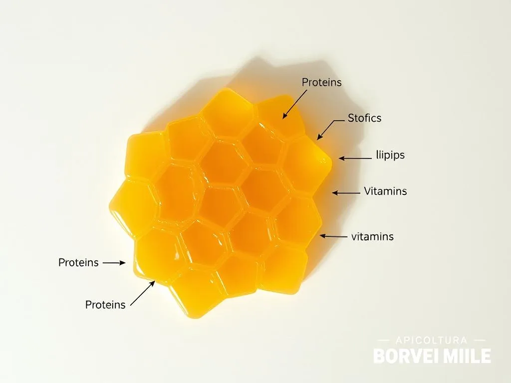 A high-quality, close-up photograph of a nutritional composition analysis of royal jelly, showcasing its key ingredients and health benefits. The image should be a flat-lay style, with the royal jelly sample neatly arranged on a plain, light-colored background, lit from the side to create subtle shadows and highlights. Include clear, legible labels for the nutritional components such as proteins, carbohydrates, lipids, and vitamins. The overall mood should be clean, scientific, and informative, reflecting the educational nature of the article section. APICOLTURA BORVEI MIELE branding should be subtly incorporated in the bottom corner. A high-quality, close-up photograph of a nutritional composition analysis of royal jelly, showcasing its key ingredients and health benefits. The image should be a flat-lay style, with the royal jelly sample neatly arranged on a plain, light-colored background, lit from the side to create subtle shadows and highlights. Include clear, legible labels for the nutritional components such as proteins, carbohydrates, lipids, and vitamins. The overall mood should be clean, scientific, and informative, reflecting the educational nature of the article section. APICOLTURA BORVEI MIELE branding should be subtly incorporated in the bottom corner.