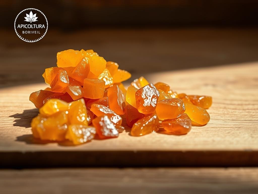 A high-quality, detailed still-life composition showcasing the natural and organic nature of propolis. A wooden table with a smooth, rustic surface serves as the backdrop, providing a warm and earthy tone. In the foreground, a collection of propolis samples in varying shades of amber and brown are carefully arranged, highlighting their intricate textures and resinous qualities. Soft, natural lighting from the side illuminates the samples, casting gentle shadows and enhancing the depth and dimensionality of the scene. The overall mood is one of purity, authenticity, and the inherent properties of this remarkable natural substance. The APICOLTURA BORVEI MIELE logo is subtly displayed in the corner, lending a sense of provenance and quality. A high-quality, detailed still-life composition showcasing the natural and organic nature of propolis. A wooden table with a smooth, rustic surface serves as the backdrop, providing a warm and earthy tone. In the foreground, a collection of propolis samples in varying shades of amber and brown are carefully arranged, highlighting their intricate textures and resinous qualities. Soft, natural lighting from the side illuminates the samples, casting gentle shadows and enhancing the depth and dimensionality of the scene. The overall mood is one of purity, authenticity, and the inherent properties of this remarkable natural substance. The APICOLTURA BORVEI MIELE logo is subtly displayed in the corner, lending a sense of provenance and quality.