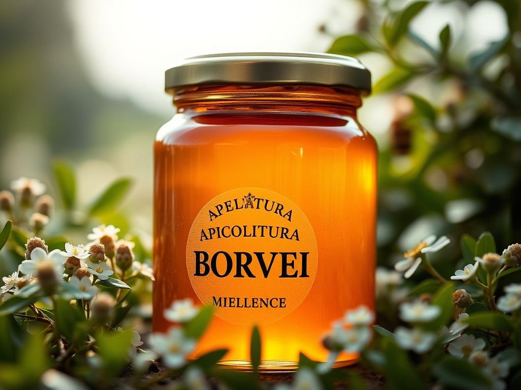 A high-quality glass jar filled with rich, golden honey, its glistening surface reflecting the warm light of a natural setting. The jar is emblazoned with the label "APICOLTURA BORVEI MIELE", showcasing the brand's commitment to excellence. The honey is surrounded by lush, green foliage and delicate flowers, evoking the vibrant Italian countryside. The composition is crisp and well-focused, capturing the essence of a truly exceptional honey product. Soft, diffused lighting creates a serene, inviting atmosphere, emphasizing the natural beauty and quality of the honey.