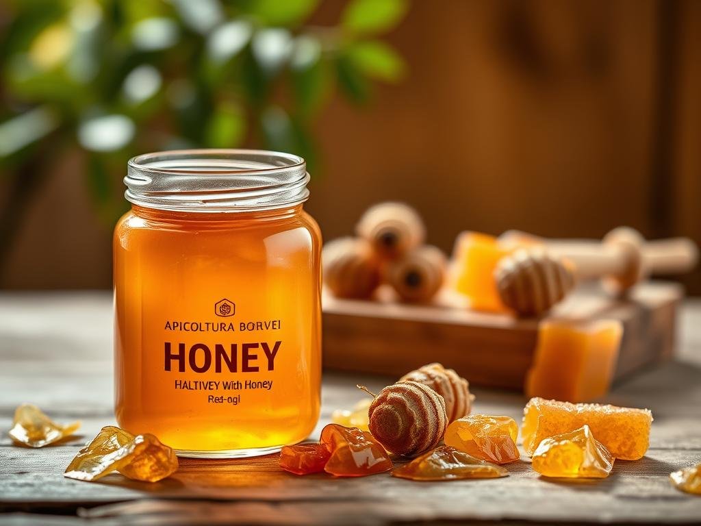 A high-quality honey product from the APICOLTURA BORVEI MIELE brand, showcased in a warm, rustic setting. In the foreground, a glass jar filled with thick, golden honey reflects the warm lighting, its viscous texture visible. Surrounding the jar, delicate honeycomb patterns and a scattering of whole, ripe honeycomb chunks suggest the natural origins of this premium product. In the middle ground, a wooden table or surface provides a simple, earthy backdrop, while the background features soft, out-of-focus foliage, hinting at the verdant landscapes where the bees forage. The overall scene evokes a sense of quality, craftsmanship, and the pristine natural environment that produces this exceptional honey.